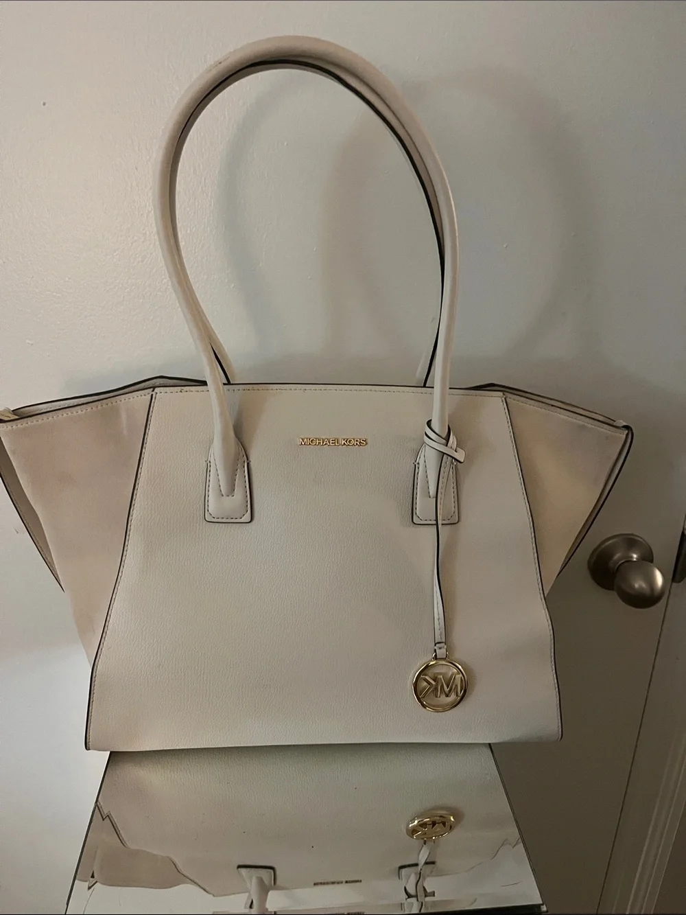 Michael Kors Cream and Tan Leather Winged Tote with Gold Charm